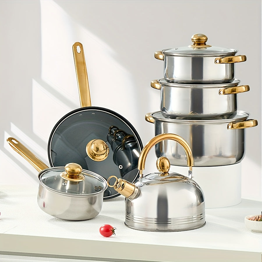 Set 12 Piese Inox cu Mânere Aurii