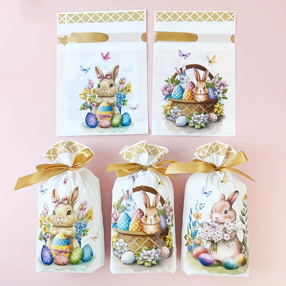 10pcs New Easter Series Drawstring Gift Bags with Cartoon Bunny and Easter Egg Prints