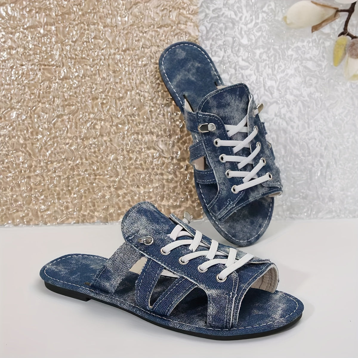 1 Pair Women'S Fashion Denim Flat Sandals
