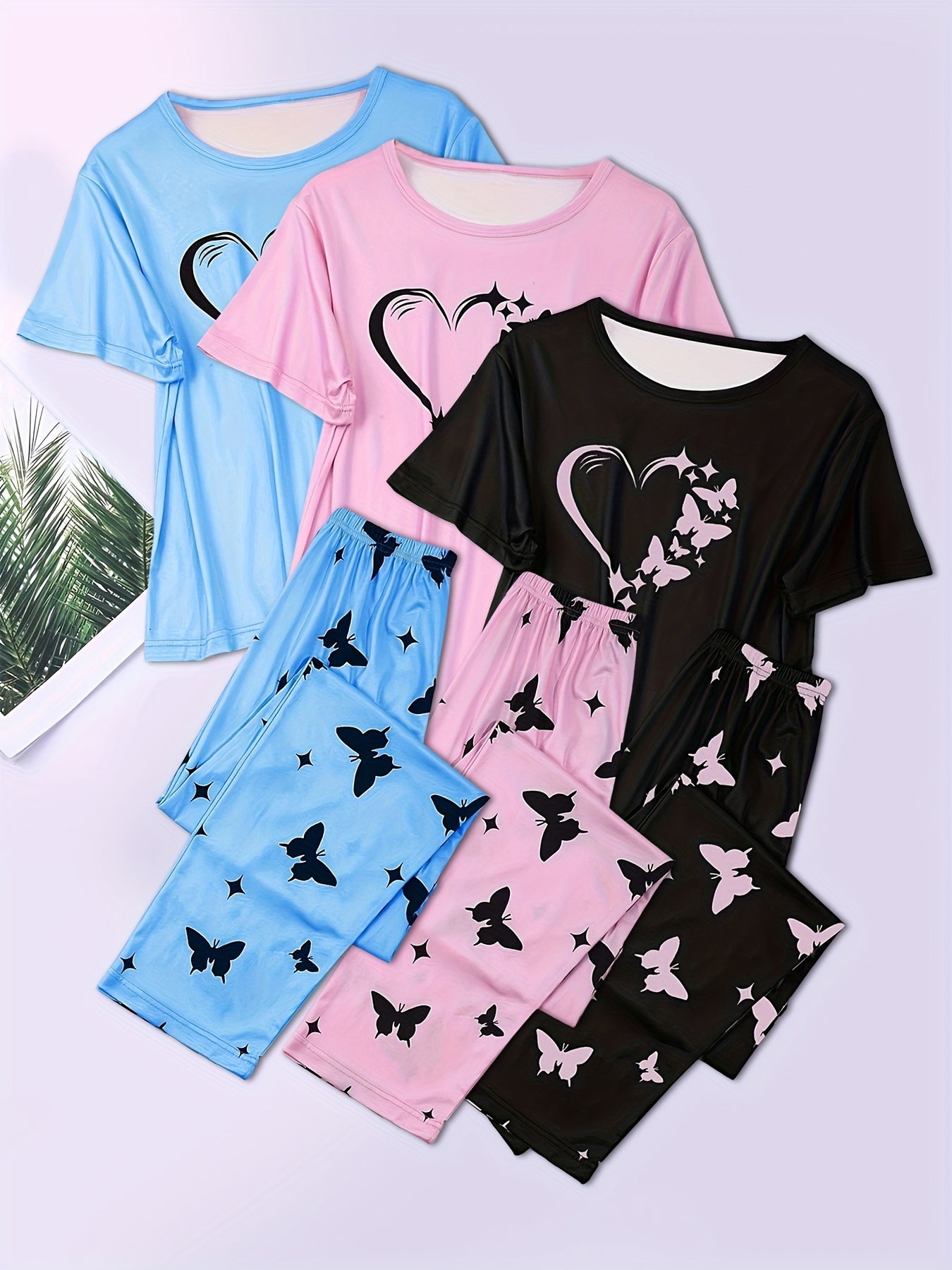 Three-piece Set Short Sleeve Shorts Suit Pajamas Home Clothes Set Love Butterfly