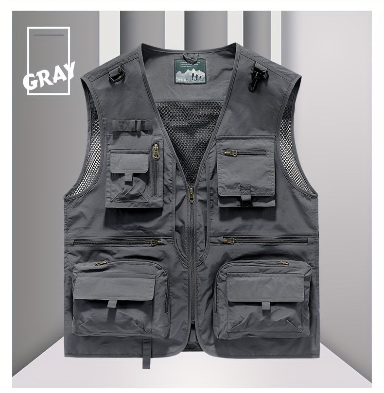 Men's Trendy Zip Up V Neck Vest With Zipper Multi-Pocket
