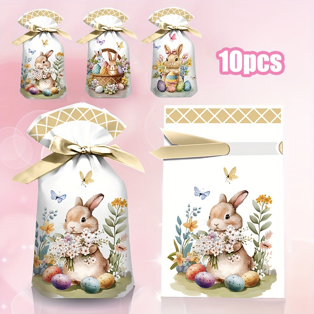 10pcs New Easter Series Drawstring Gift Bags with Cartoon Bunny and Easter Egg Prints