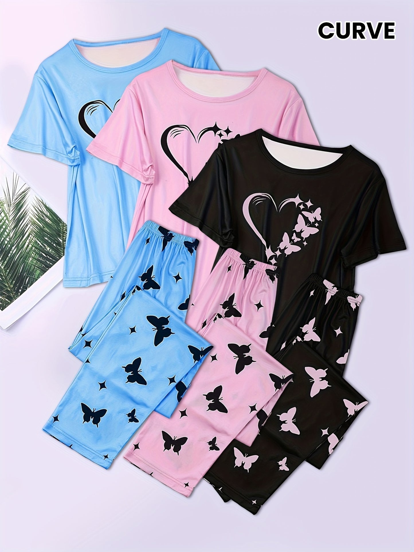 Three-piece Set Short Sleeve Shorts Suit Pajamas Home Clothes Set Love Butterfly