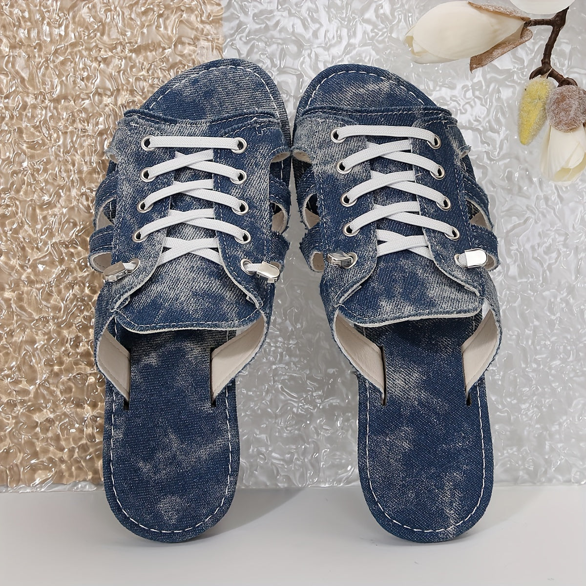 1 Pair Women'S Fashion Denim Flat Sandals