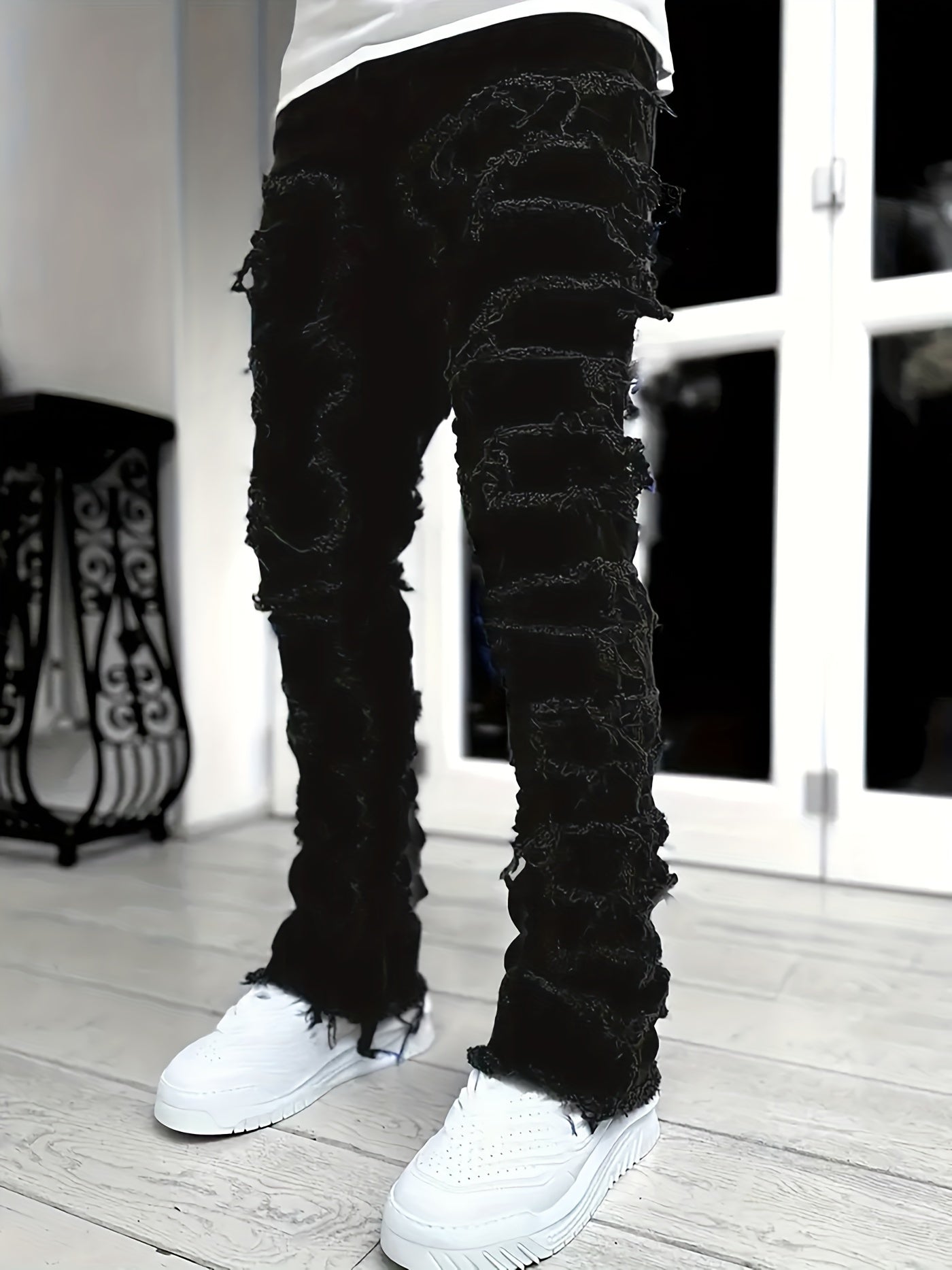 Creative Raw Trim Jeans, Men's Casual Street Style Medium Stretch Denim Pants