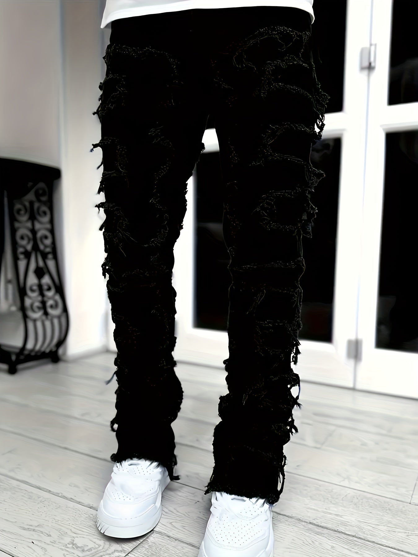 Creative Raw Trim Jeans, Men's Casual Street Style Medium Stretch Denim Pants