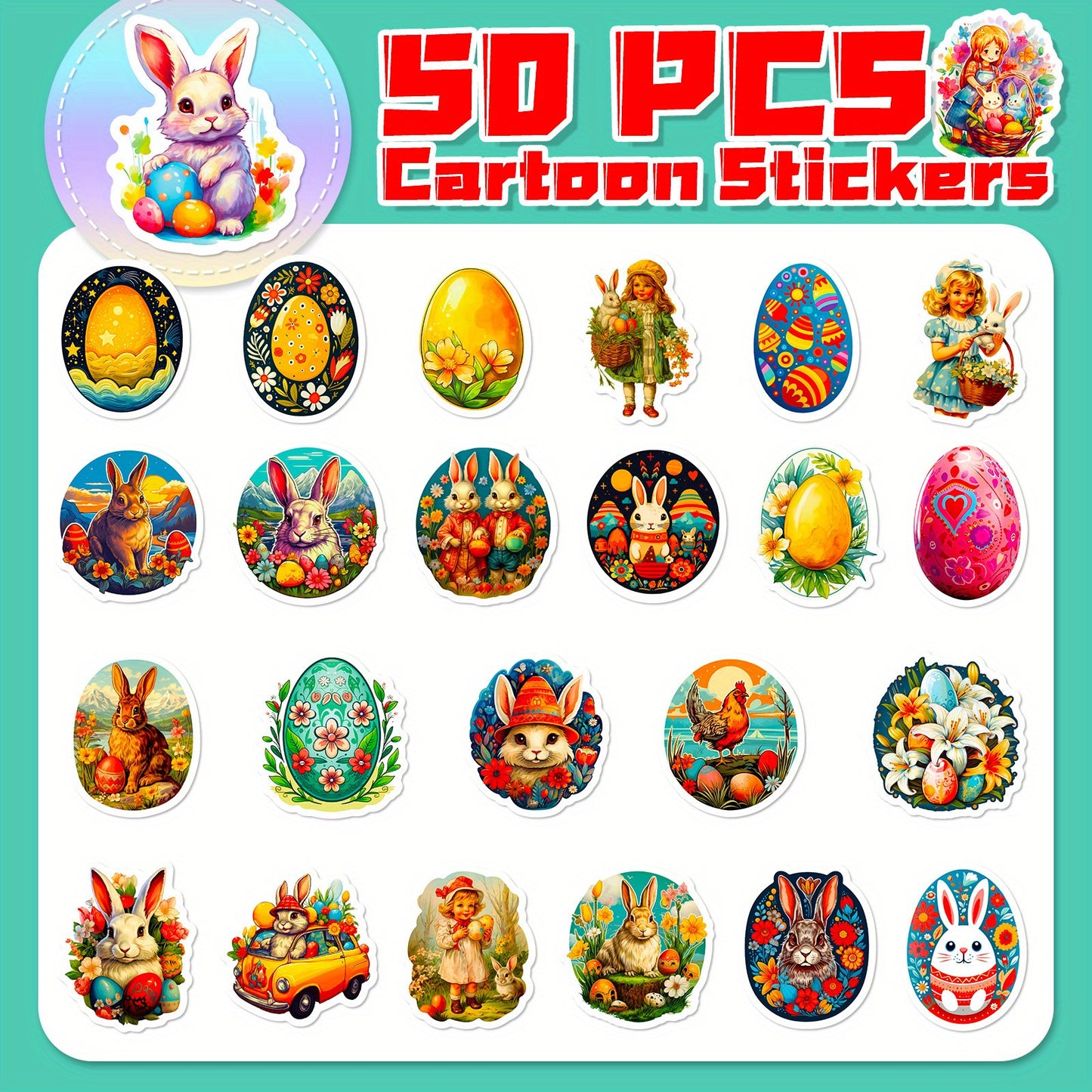 50pcs Whimsical Easter Bunny & Eggshell Stickers
