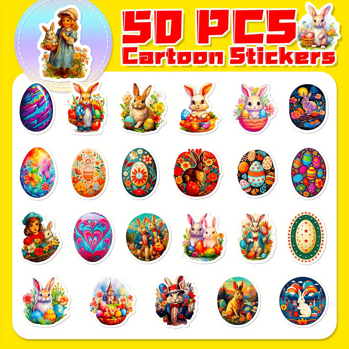 50pcs Whimsical Easter Bunny & Eggshell Stickers