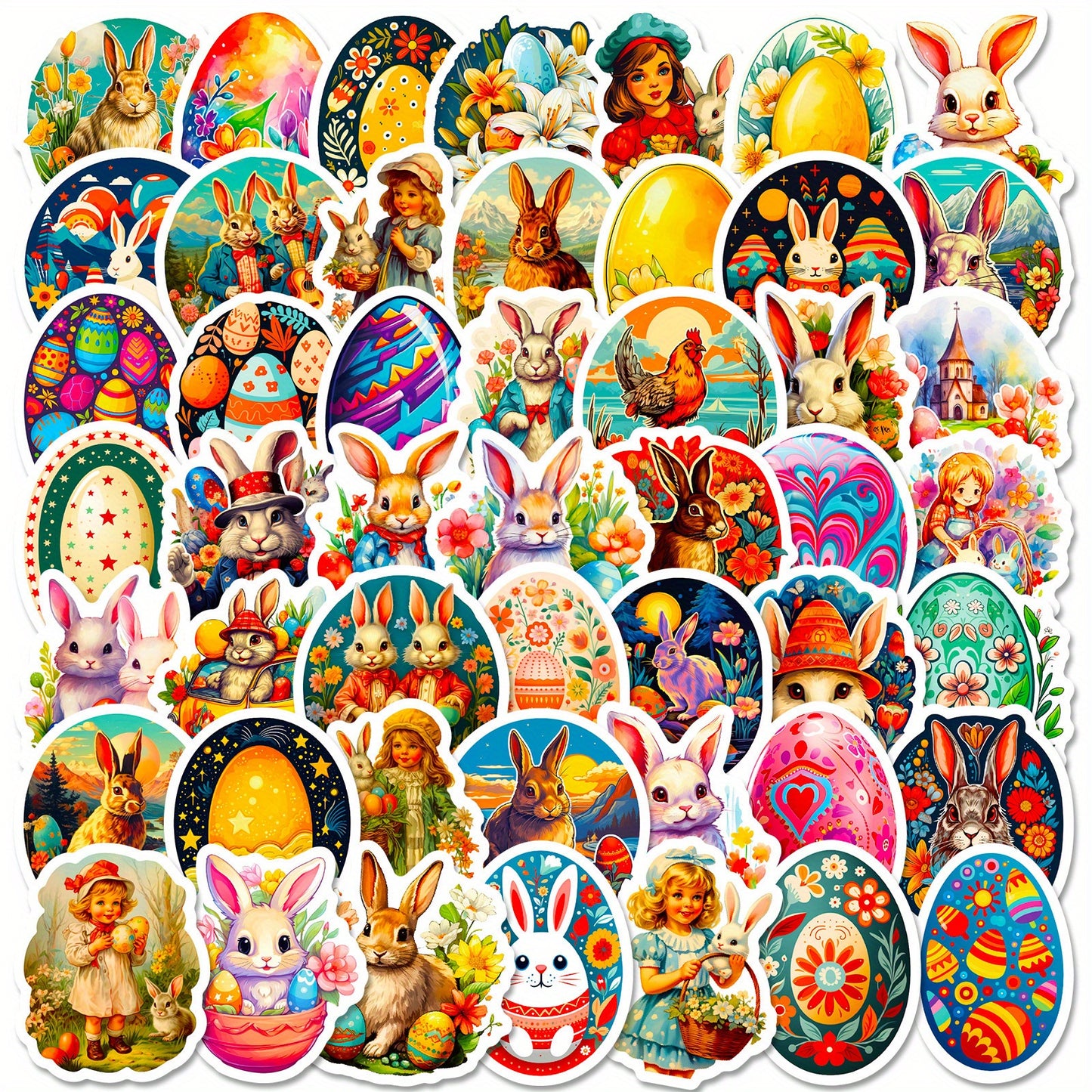 50pcs Whimsical Easter Bunny & Eggshell Stickers