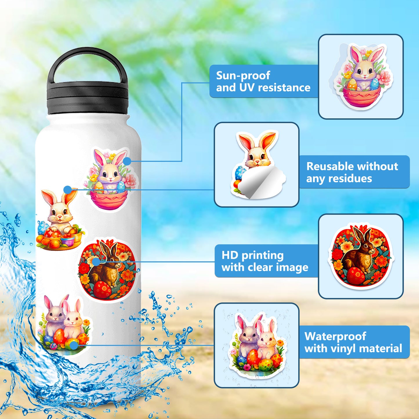 50pcs Whimsical Easter Bunny & Eggshell Stickers