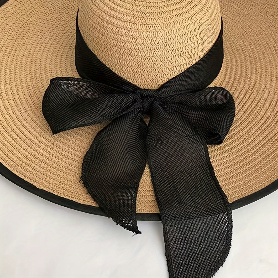 Elegant Women's Straw Sun Hat with Black Ribbon Bow