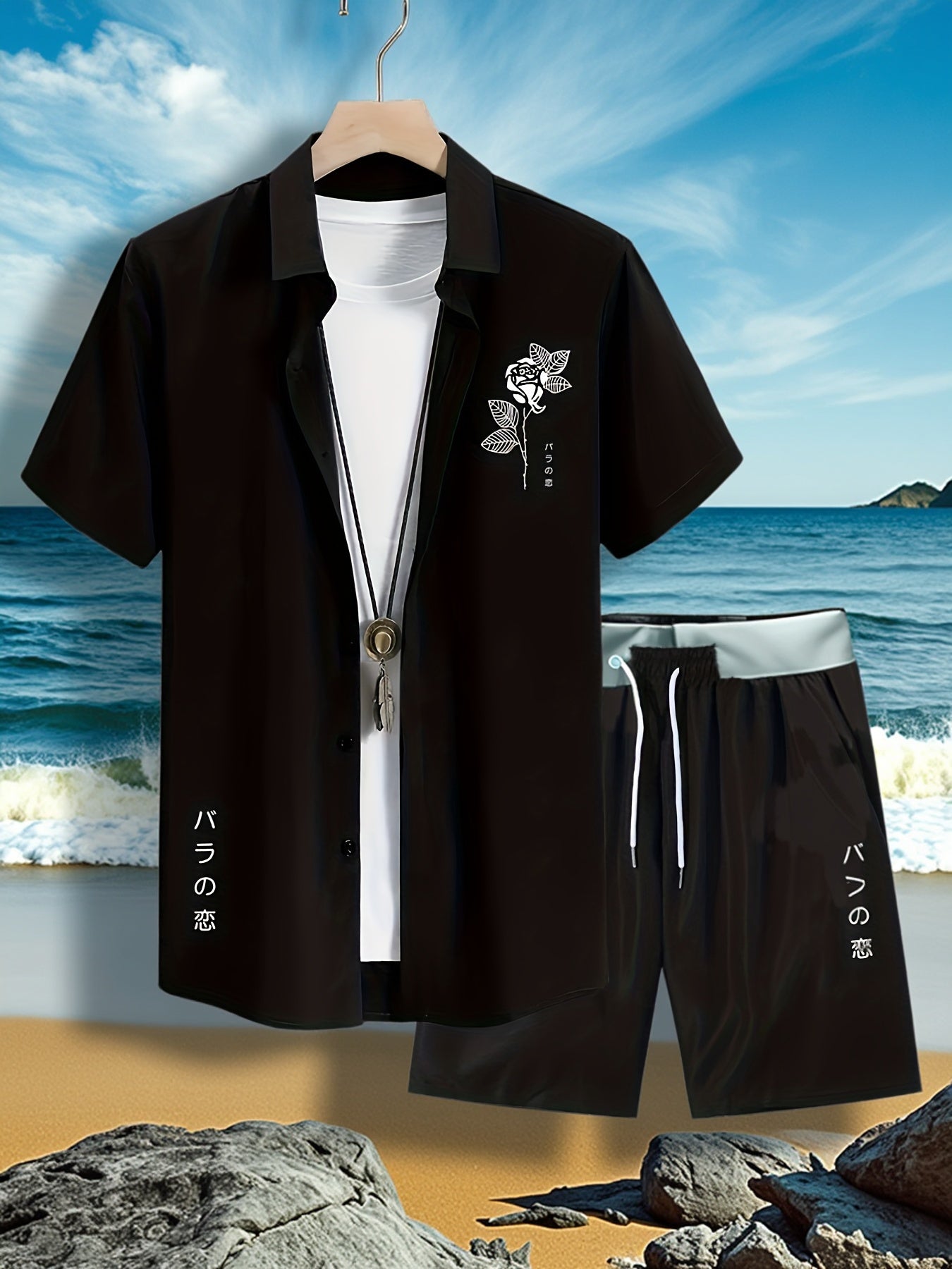 Men'S 2pcs Summer Set, Casual Print Short Sleeve Button- Shirt and Shorts