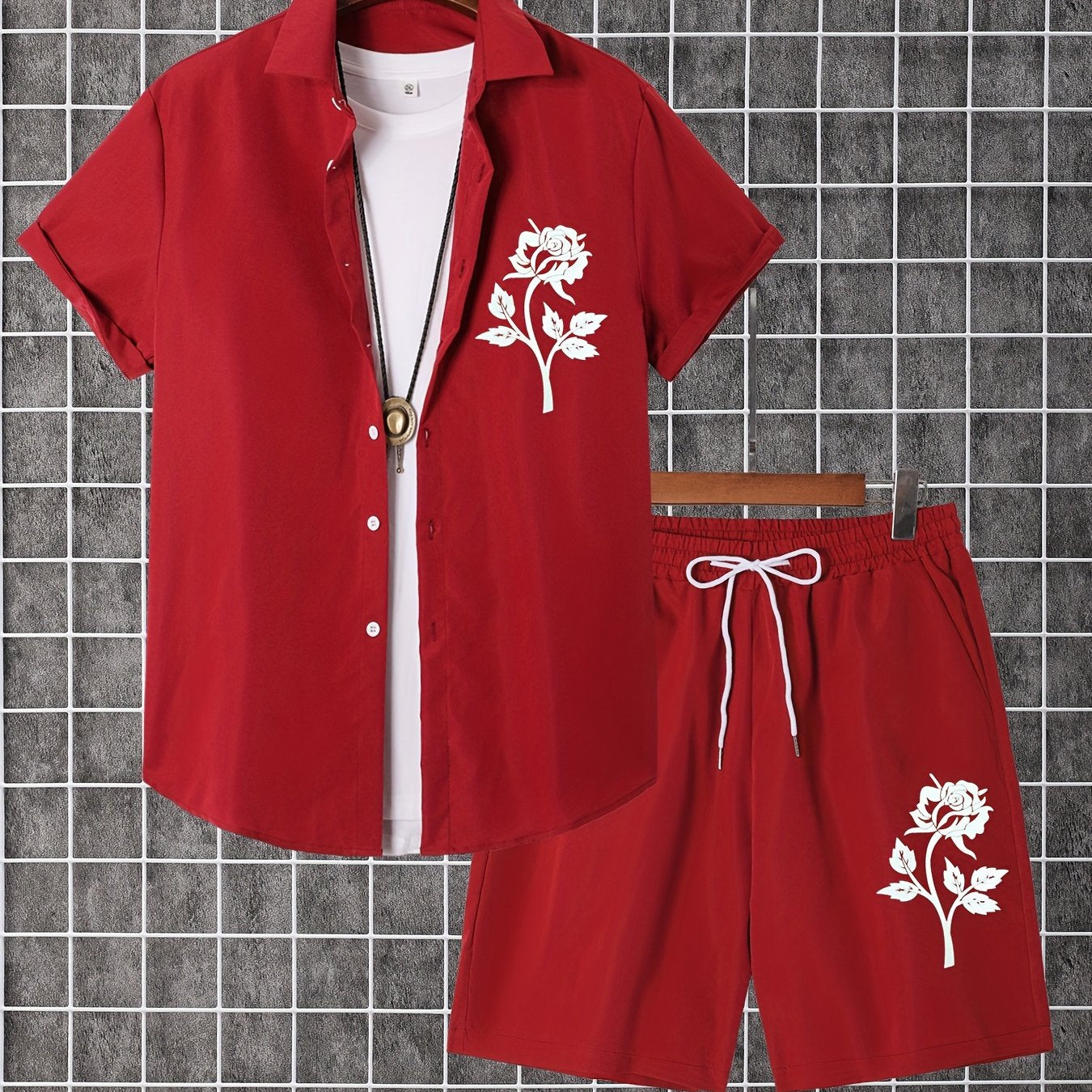 Men'S 2pcs Summer Set, Casual Print Short Sleeve Button- Shirt and Shorts