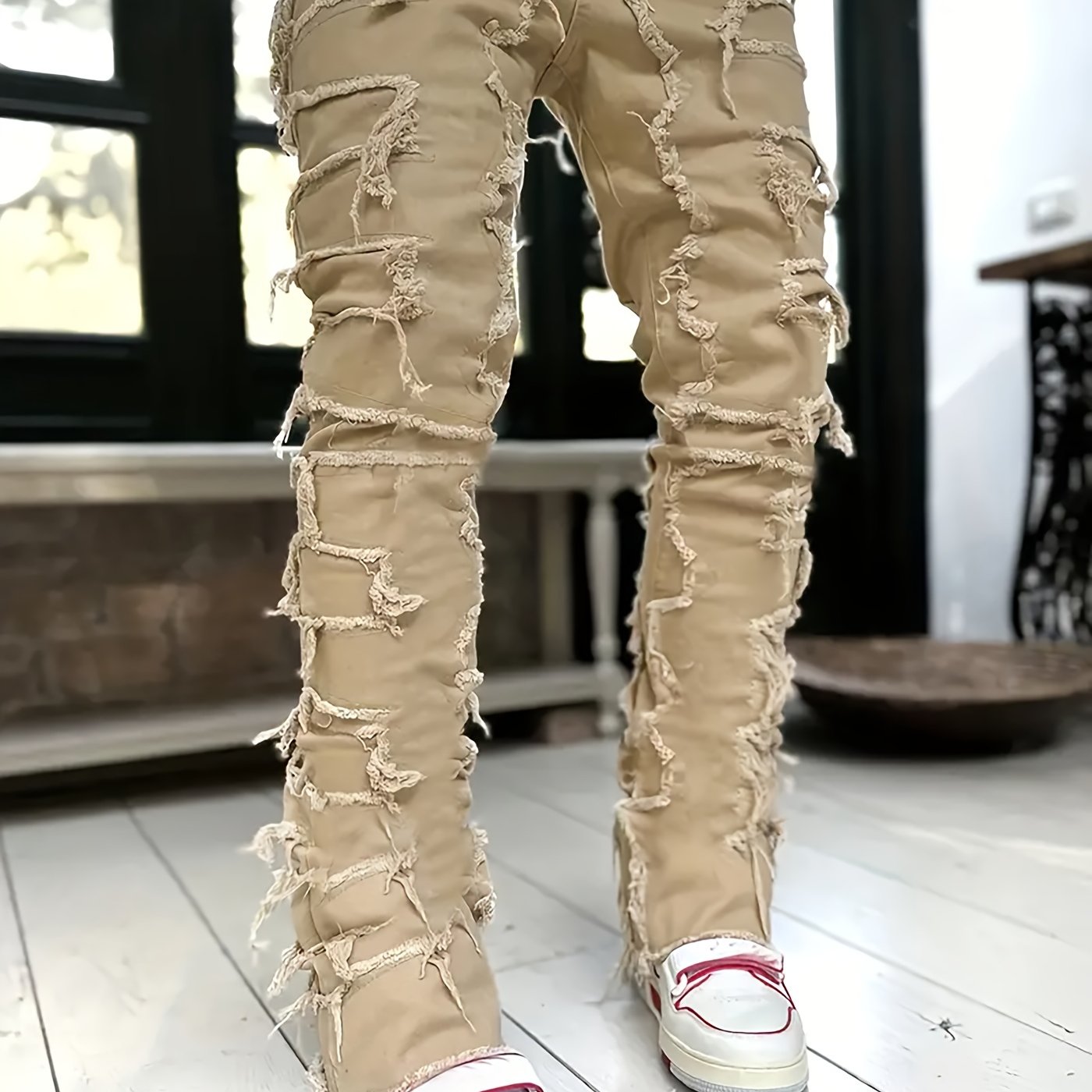 Creative Raw Trim Jeans, Men's Casual Street Style Medium Stretch Denim Pants