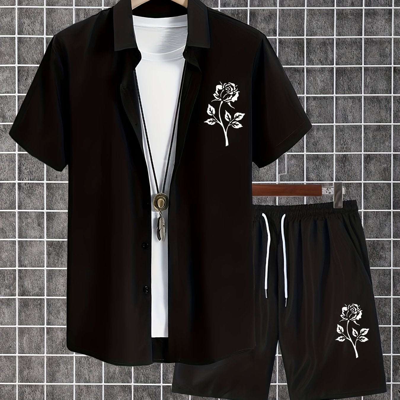 Men'S 2pcs Summer Set, Casual Print Short Sleeve Button- Shirt and Shorts