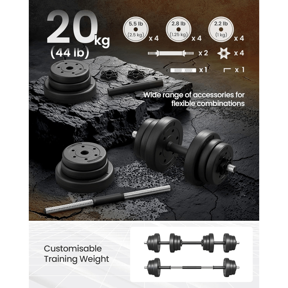 2 x 10 kg Adjustable Dumbbells with Extra Barbell Bar