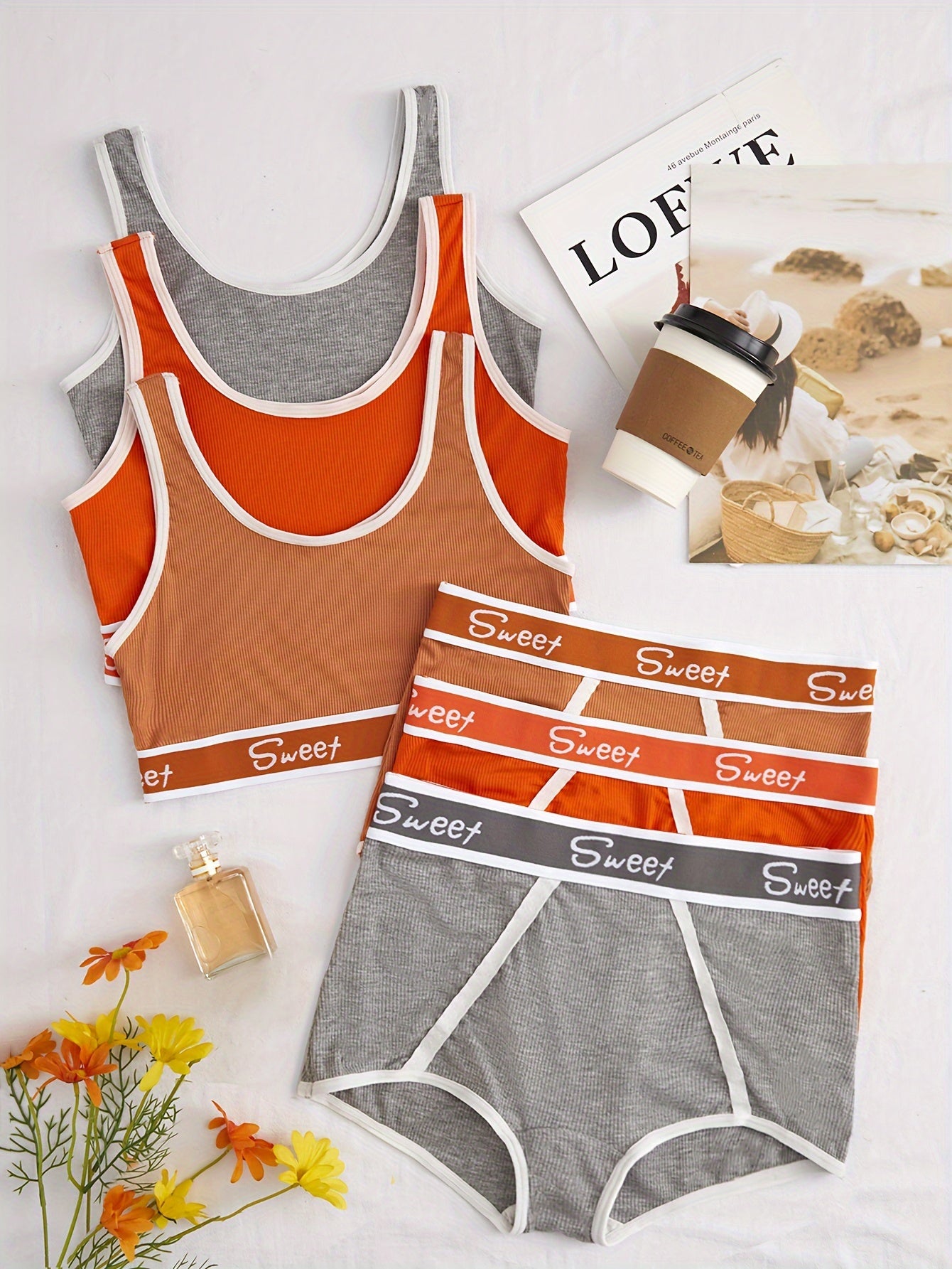 3 Set Sporty Letter Contrast Trim Bra & Shorts Panty