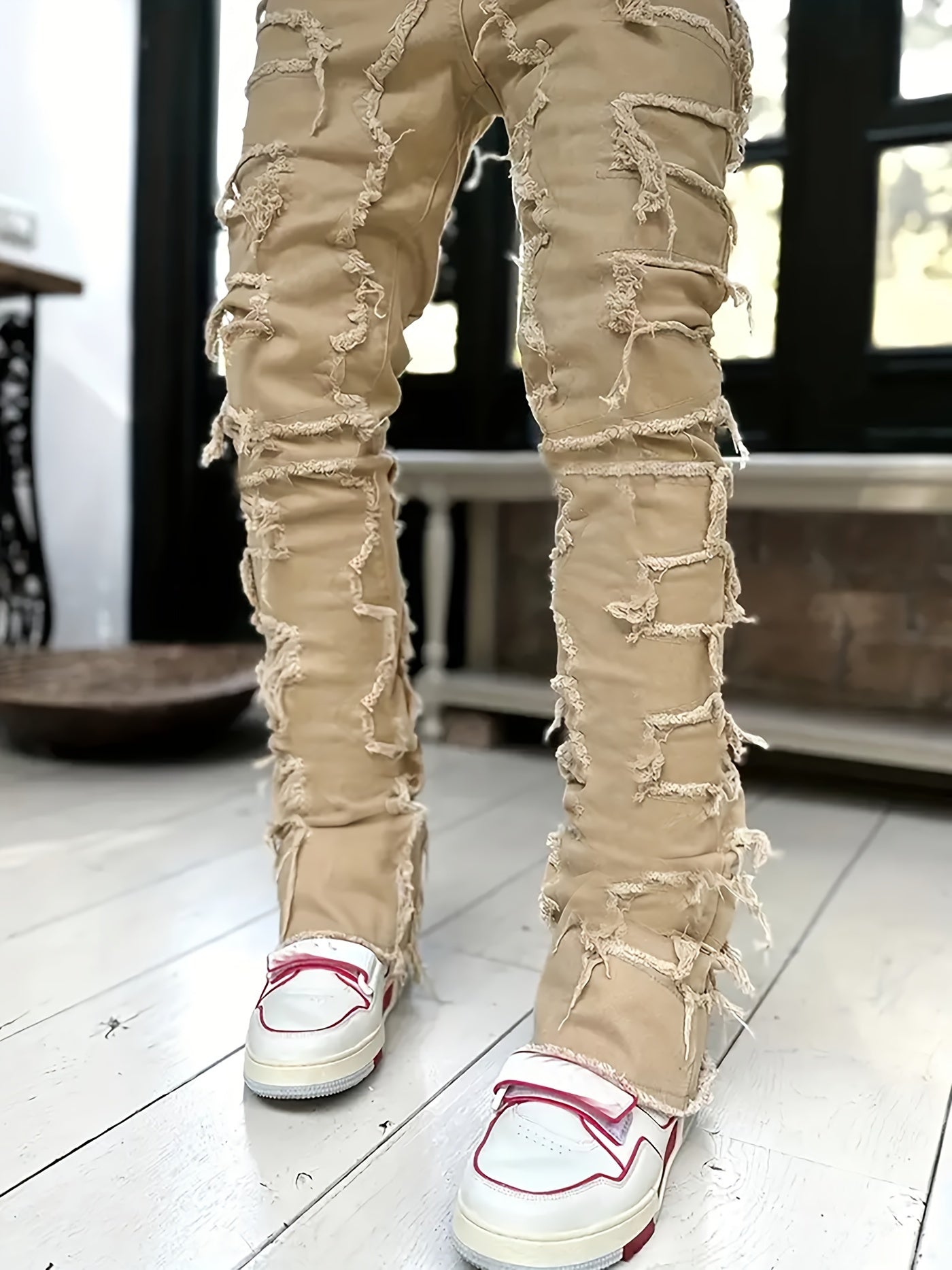 Creative Raw Trim Jeans, Men's Casual Street Style Medium Stretch Denim Pants