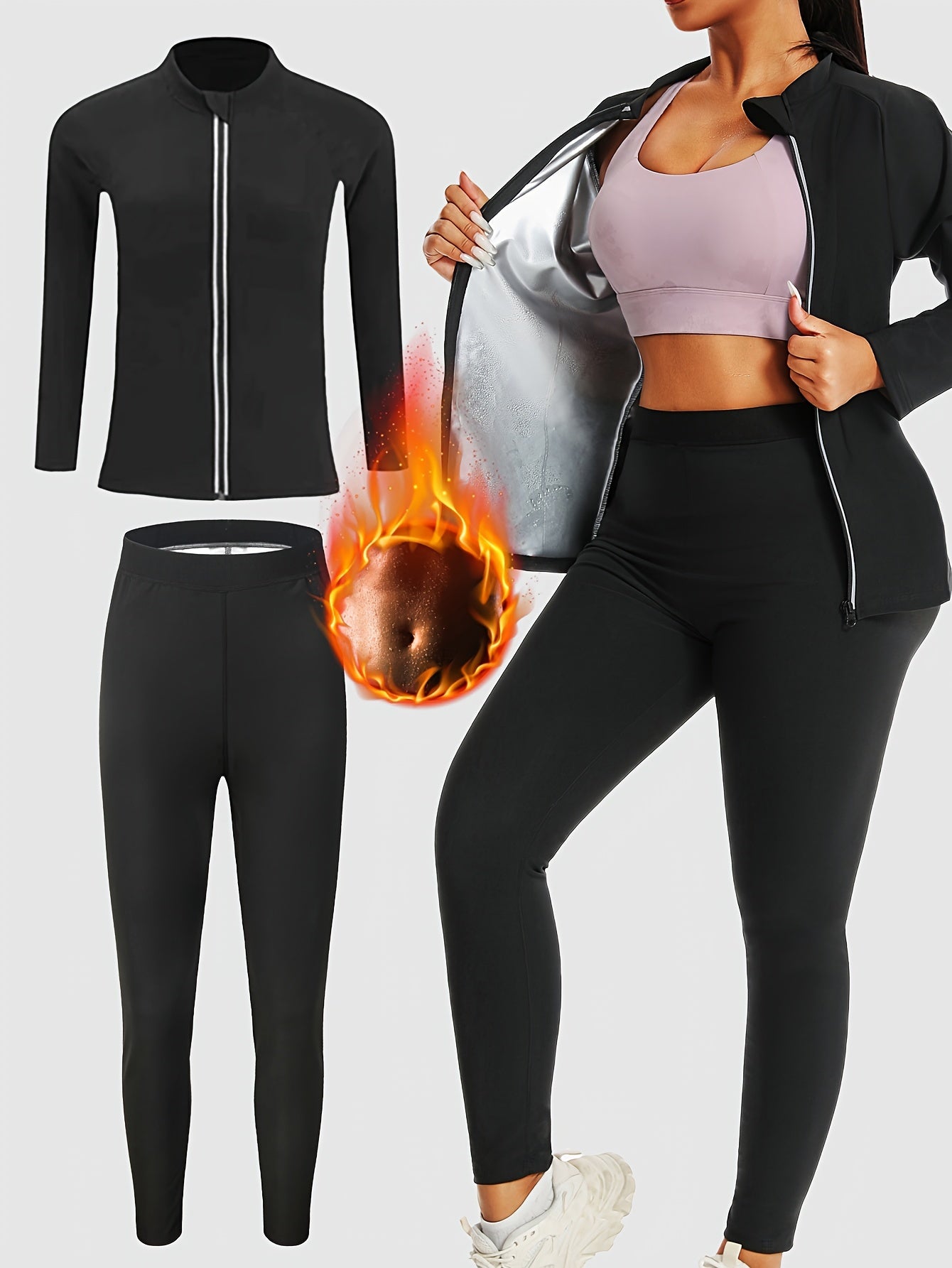 Women's Sauna Sweat Suit Set - Long Sleeve Zip-Up Jacket & Pants