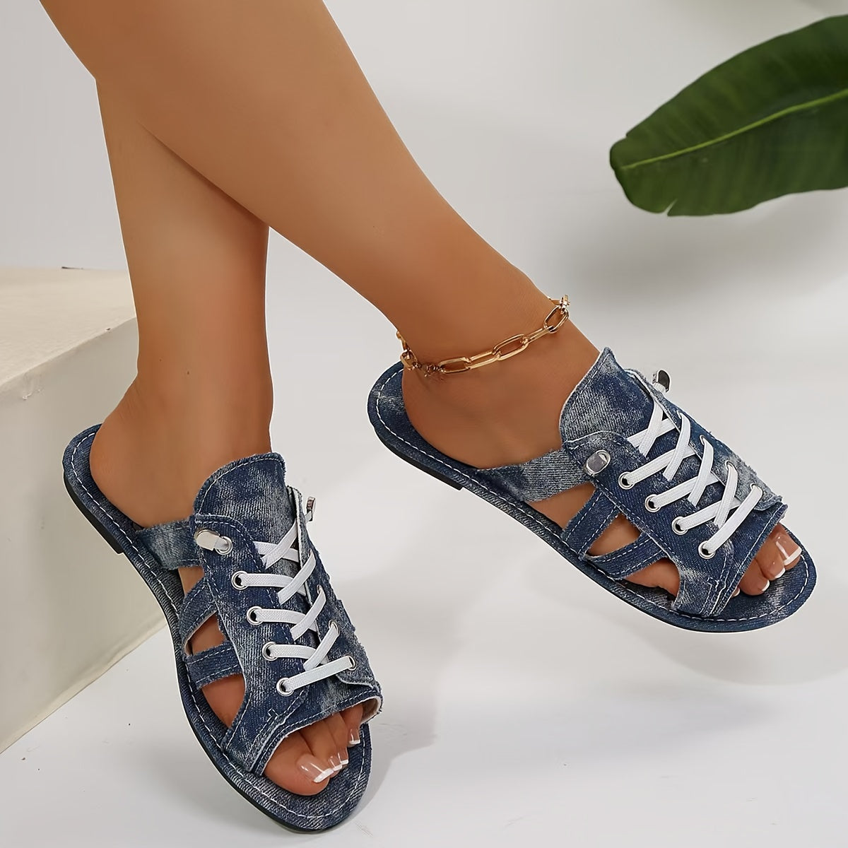 1 Pair Women'S Fashion Denim Flat Sandals