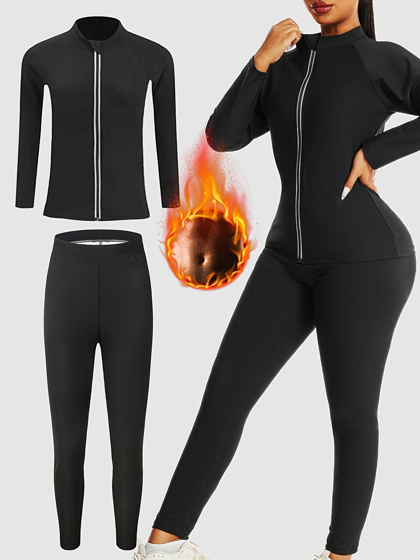 Women's Sauna Sweat Suit Set - Long Sleeve Zip-Up Jacket & Pants