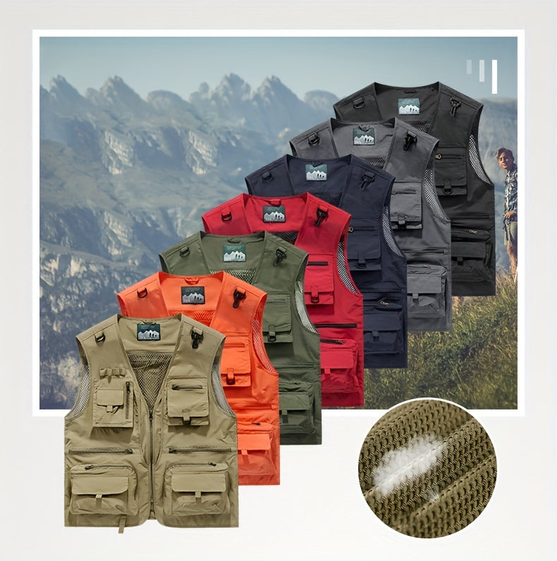 Men's Trendy Zip Up V Neck Vest With Zipper Multi-Pocket