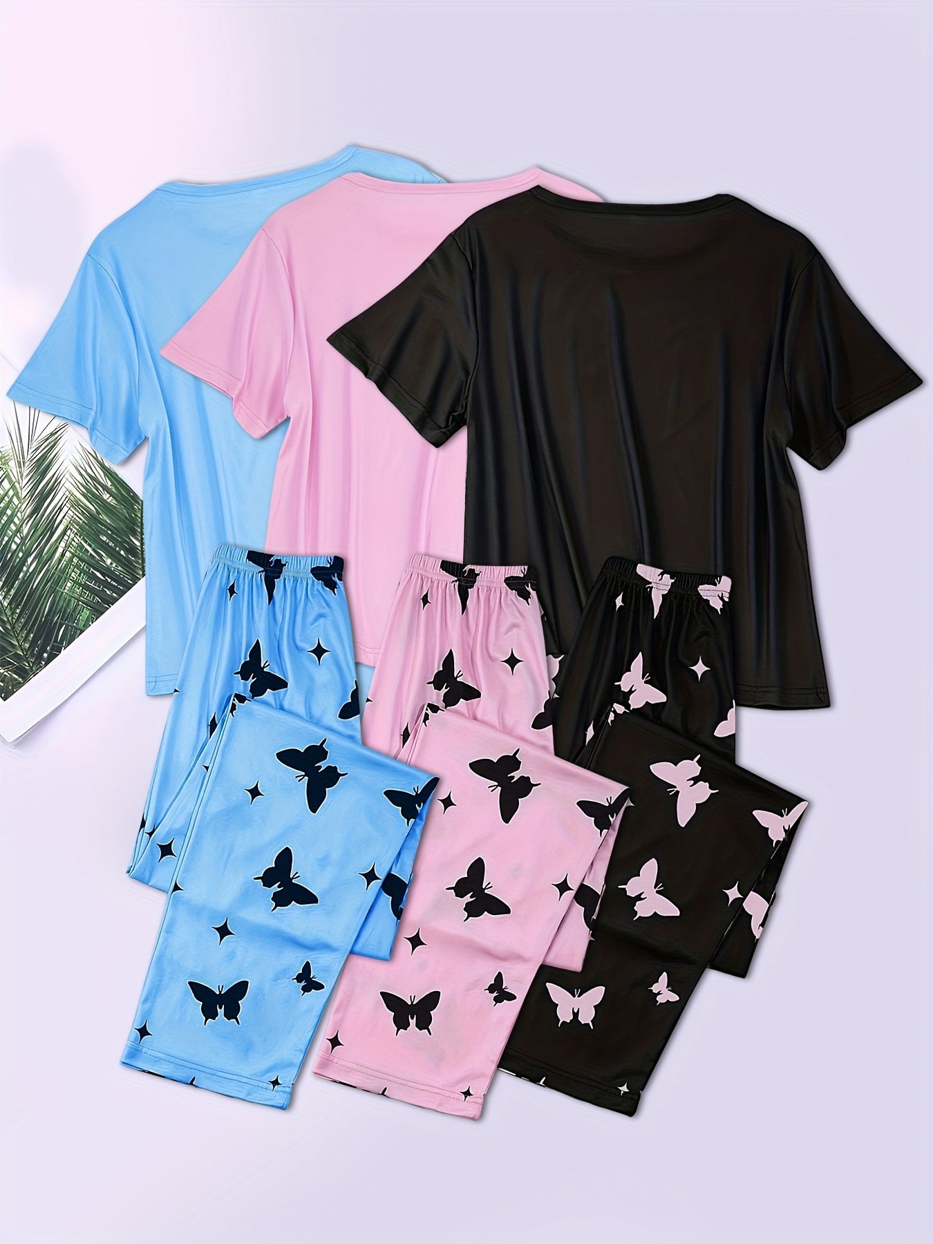 Three-piece Set Short Sleeve Shorts Suit Pajamas Home Clothes Set Love Butterfly