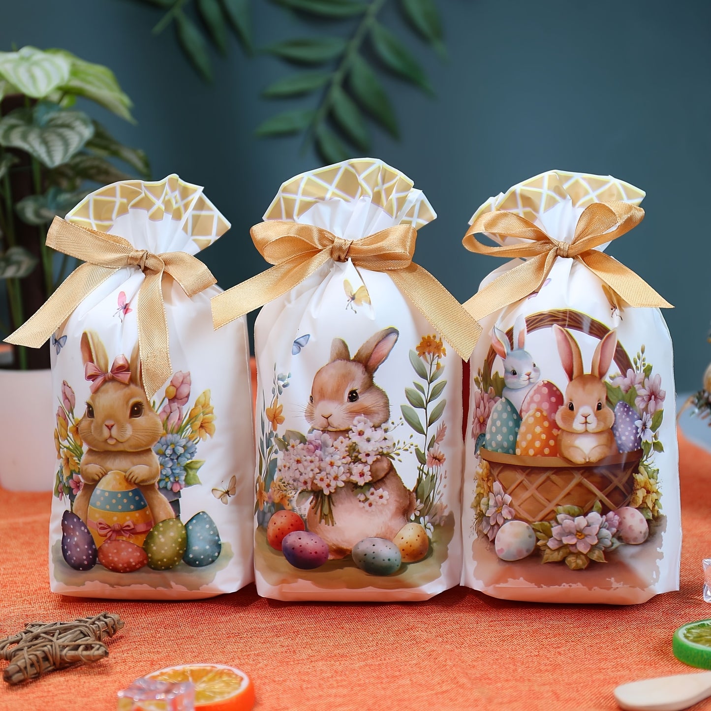 10pcs New Easter Series Drawstring Gift Bags with Cartoon Bunny and Easter Egg Prints
