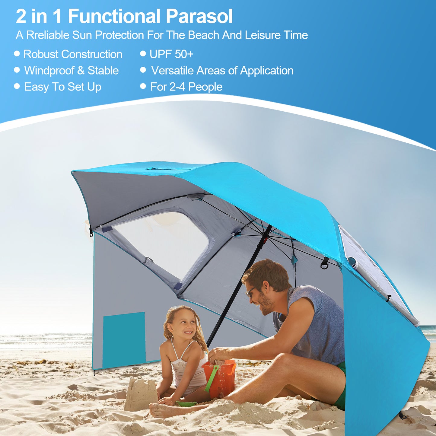 Parasols 2-in-1 Beach Tent Umbrella Heavy-Duty Sun Shelter