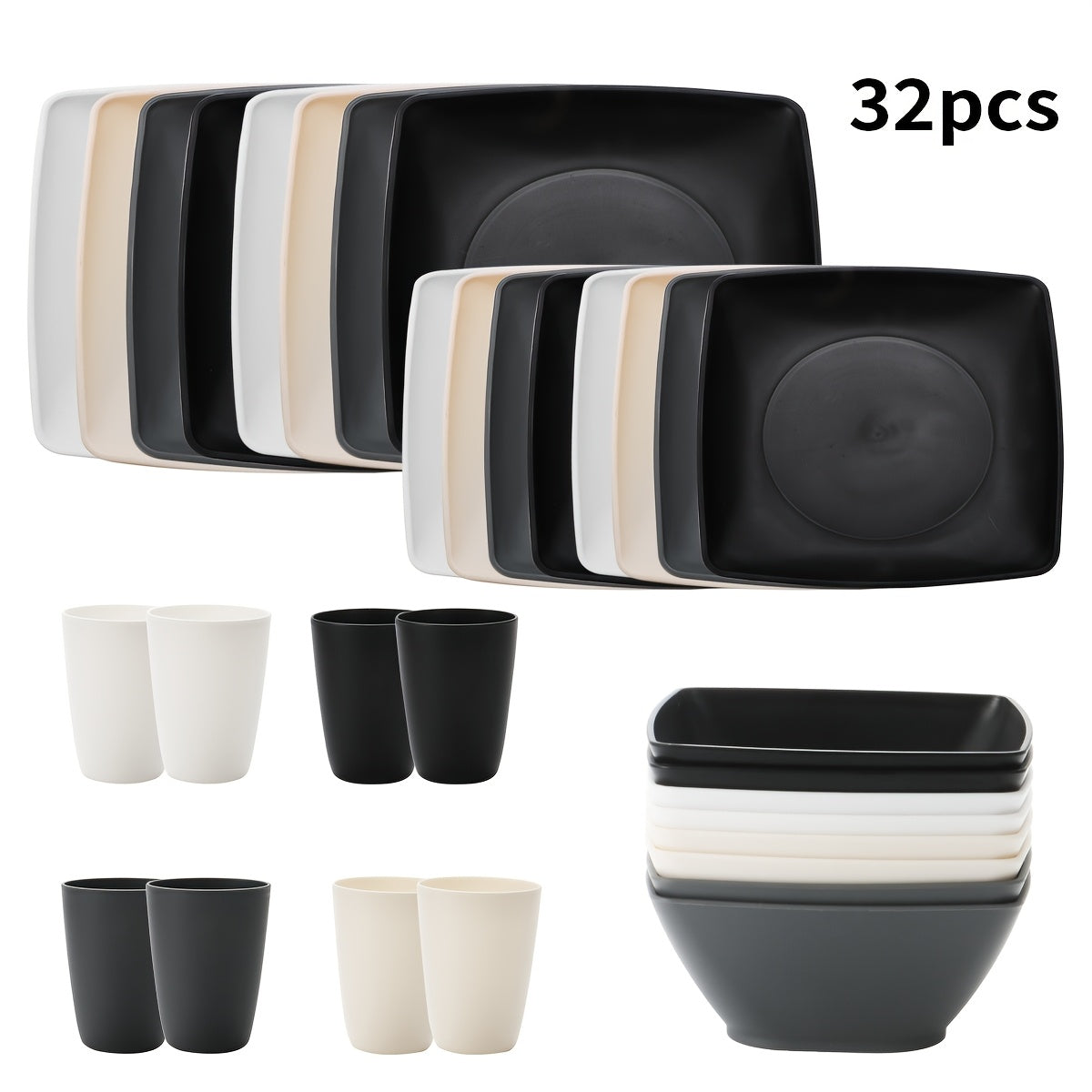 Set 16/32 Piese Veselă Pătrată din Plastic