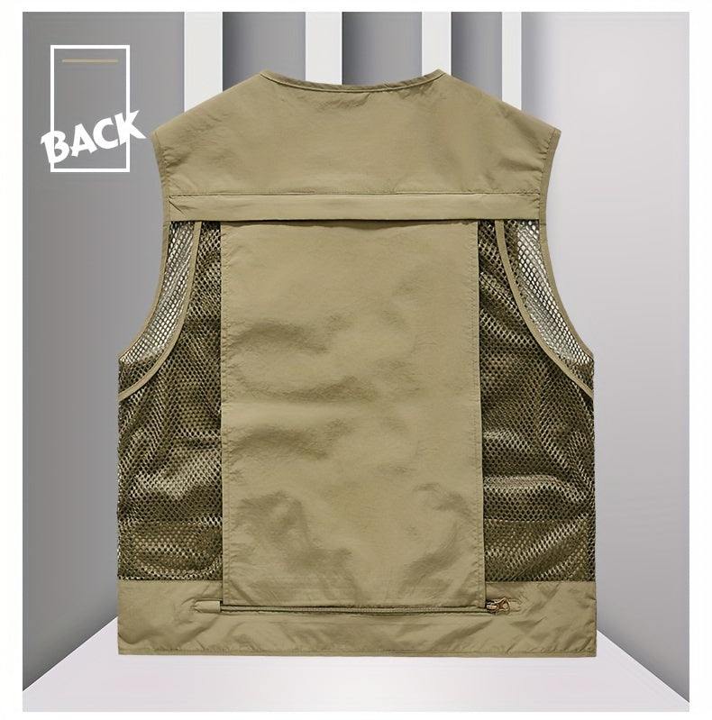 Men's Trendy Zip Up V Neck Vest With Zipper Multi-Pocket
