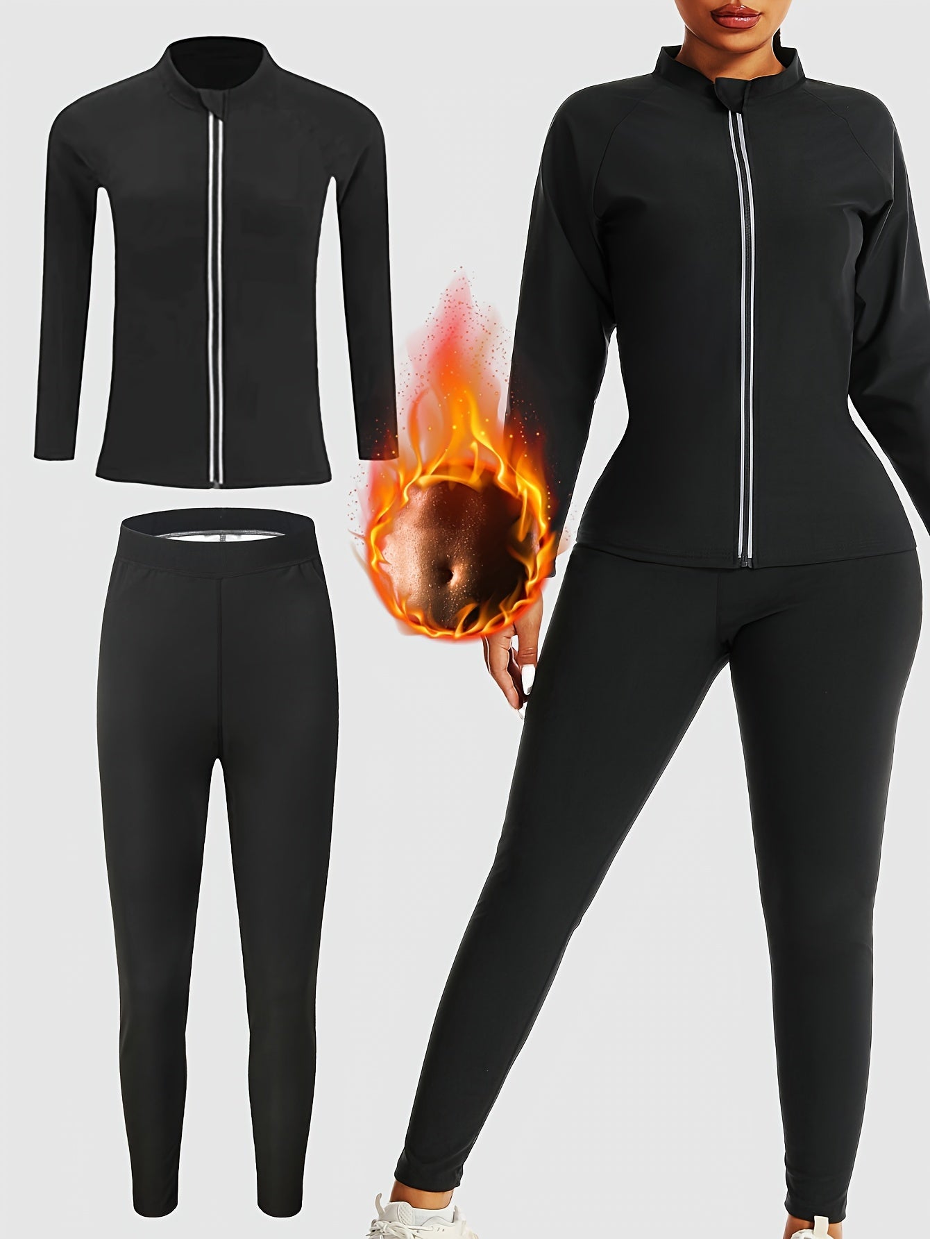 Women's Sauna Sweat Suit Set - Long Sleeve Zip-Up Jacket & Pants
