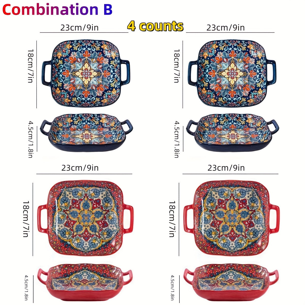 Set 4 Piese Farfurii Pătrate Boho din Ceramică