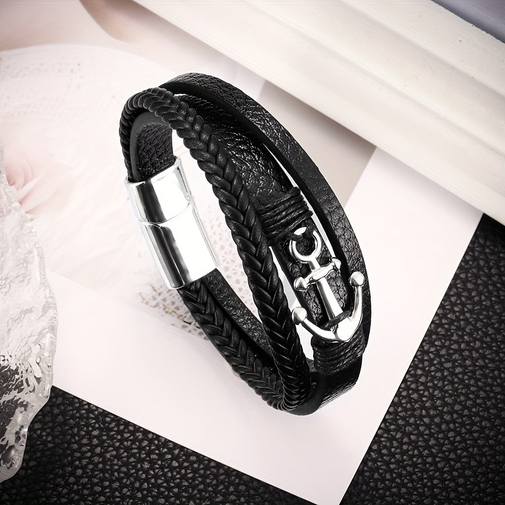 Men'S Bracelet, Classic Anchor Charm Woven Faux Leather Band