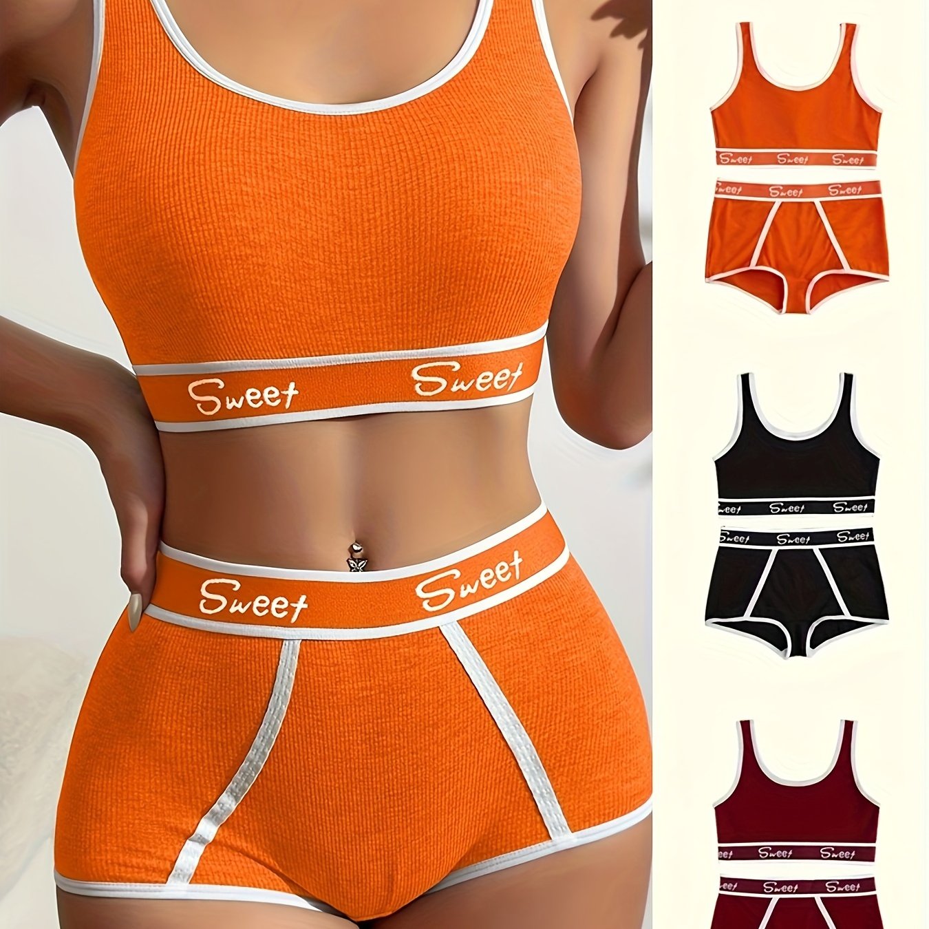 3 Set Sporty Letter Contrast Trim Bra & Shorts Panty