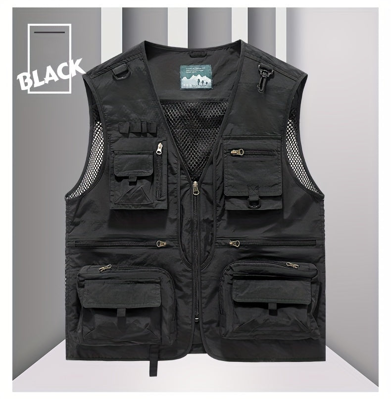 Men's Trendy Zip Up V Neck Vest With Zipper Multi-Pocket