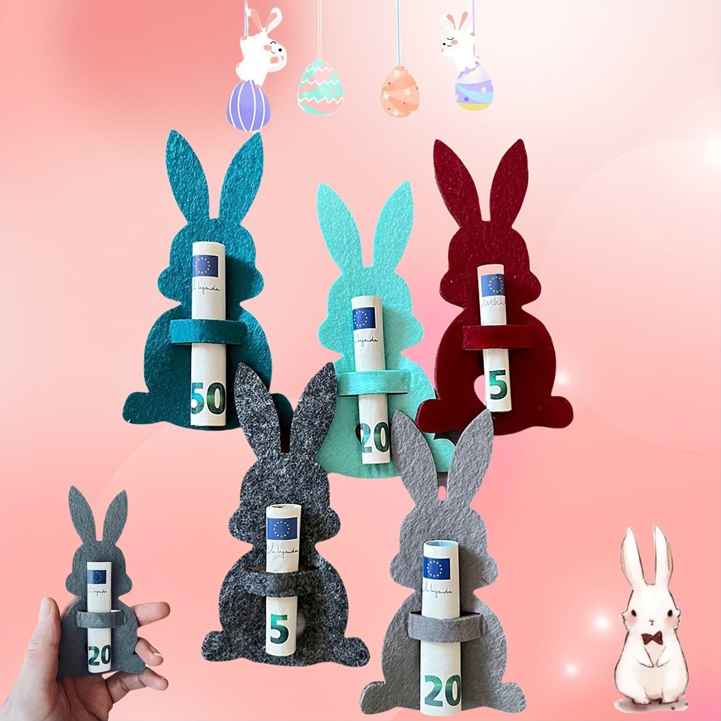 6pcs Easter Bunny Money Clip Gift, Classic Easter Creative Money Clip Card, Felt Easter Bunny Money Clip Cash Gift, for Holiday Piñata Decoration, Easter Basket Decoration