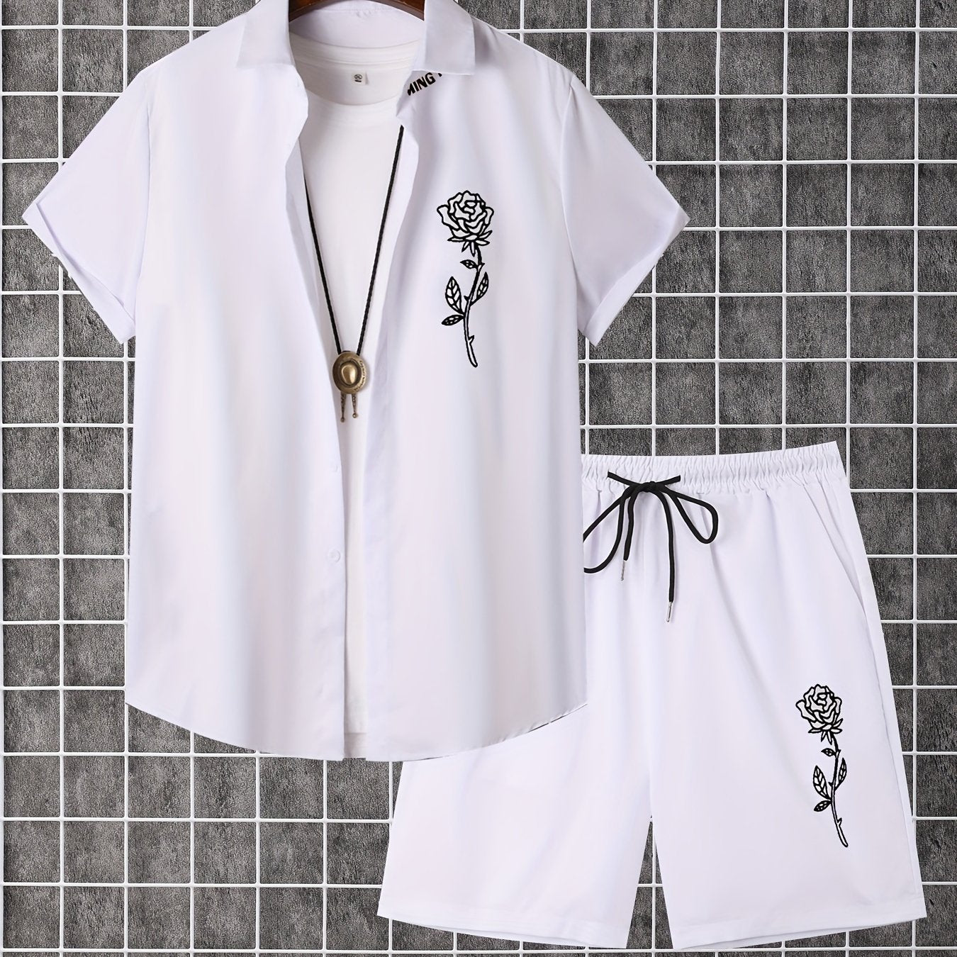 Men'S 2pcs Summer Set, Casual Print Short Sleeve Button- Shirt and Shorts