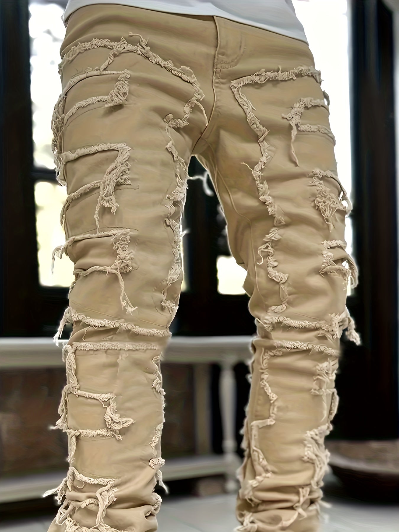 Creative Raw Trim Jeans, Men's Casual Street Style Medium Stretch Denim Pants