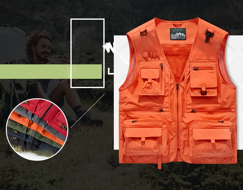 Men's Trendy Zip Up V Neck Vest With Zipper Multi-Pocket