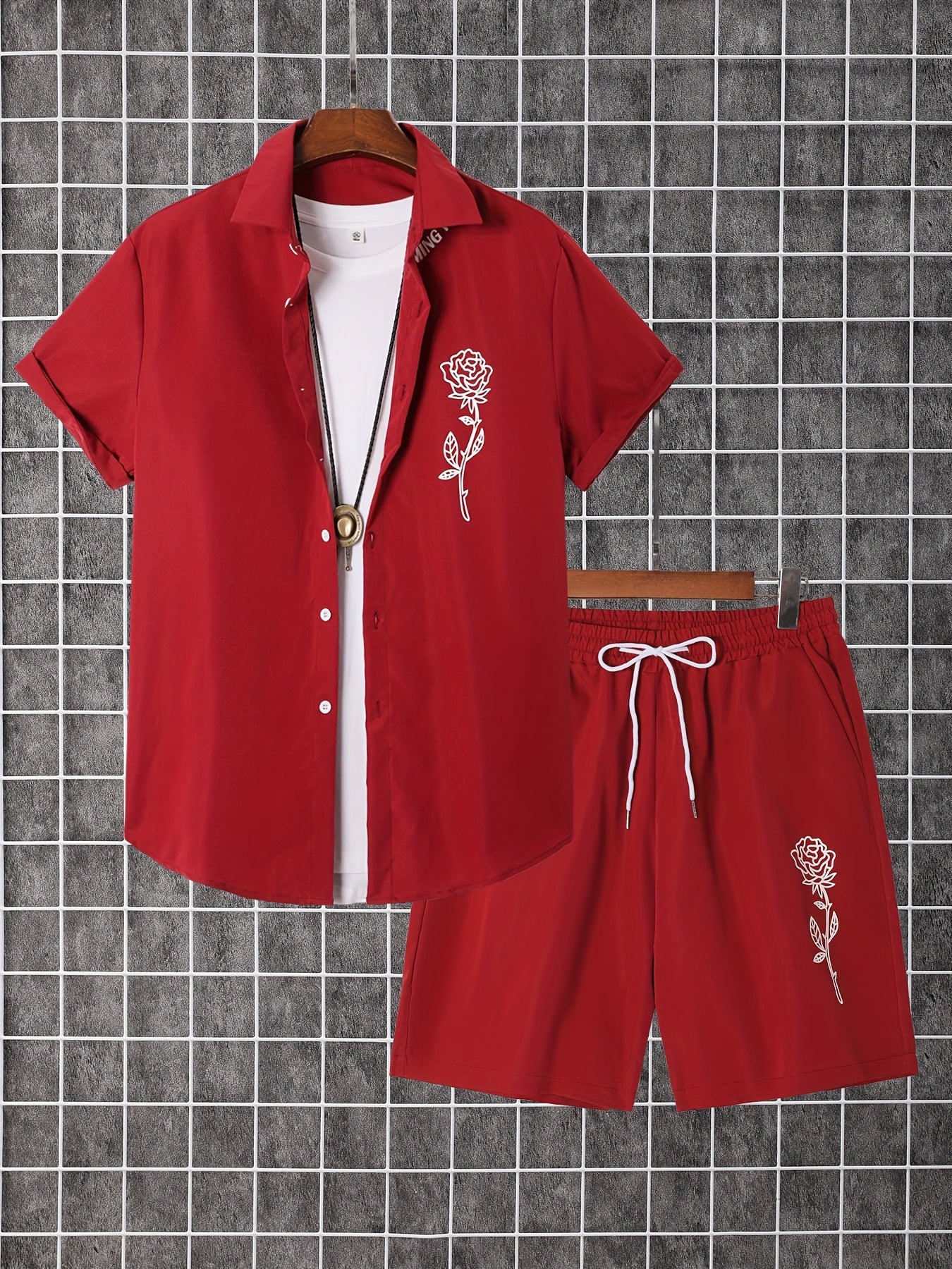 Men'S 2pcs Summer Set, Casual Print Short Sleeve Button- Shirt and Shorts