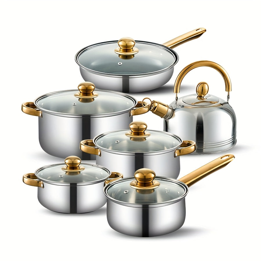 Set 12 Piese Inox cu Mânere Aurii