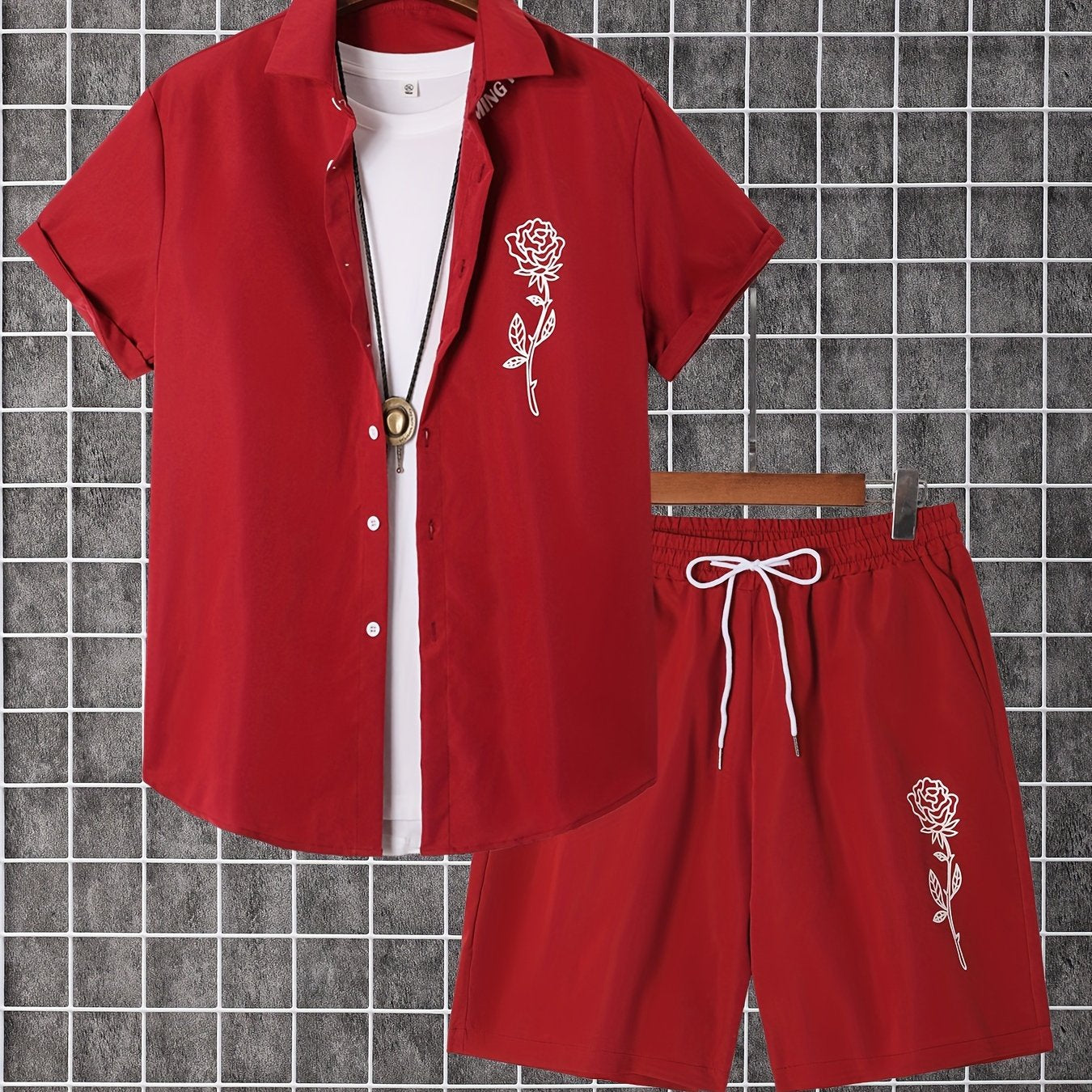 Men'S 2pcs Summer Set, Casual Print Short Sleeve Button- Shirt and Shorts