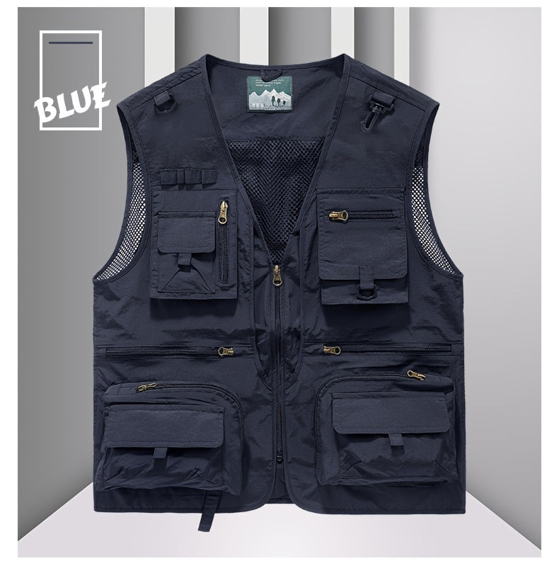 Men's Trendy Zip Up V Neck Vest With Zipper Multi-Pocket