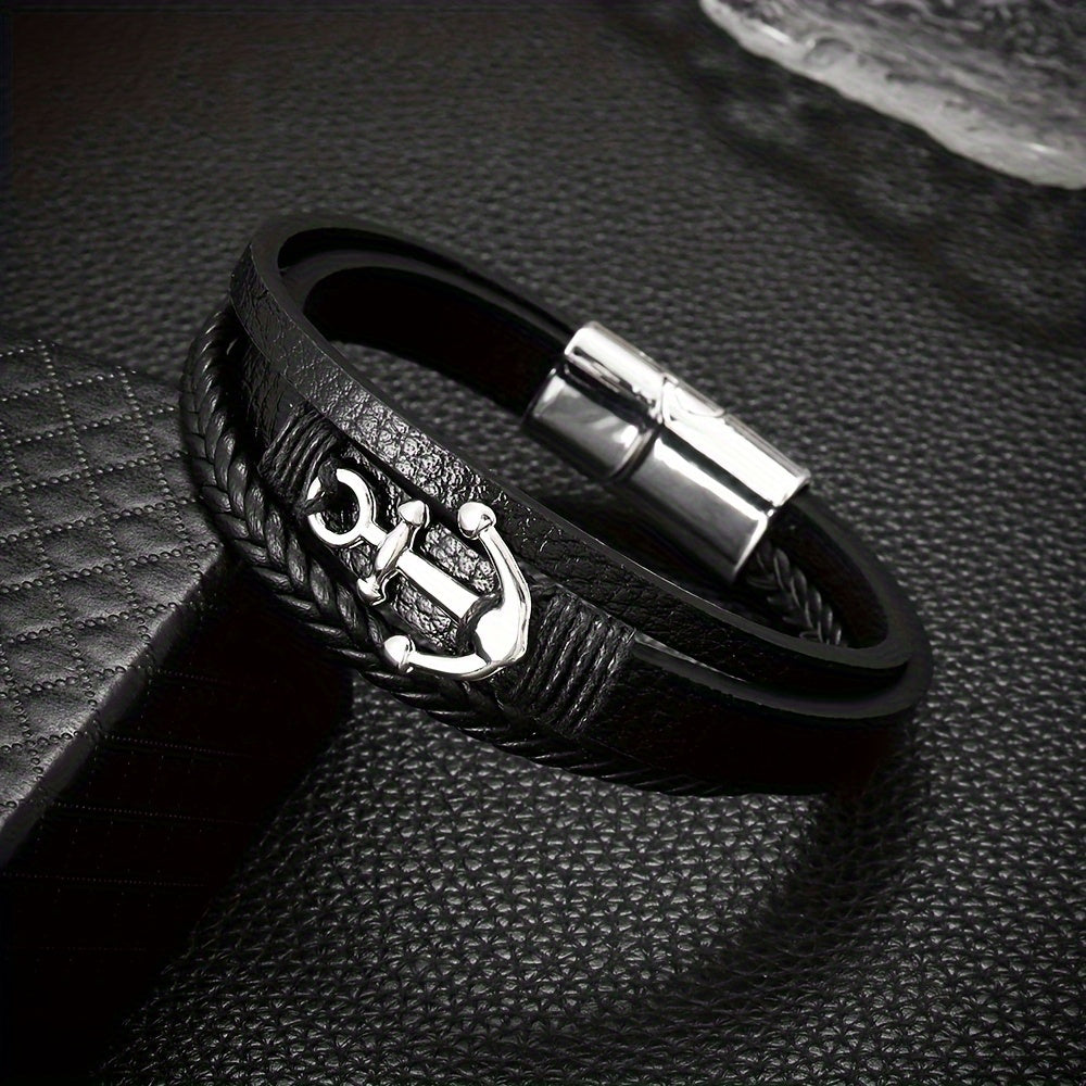 Men'S Bracelet, Classic Anchor Charm Woven Faux Leather Band
