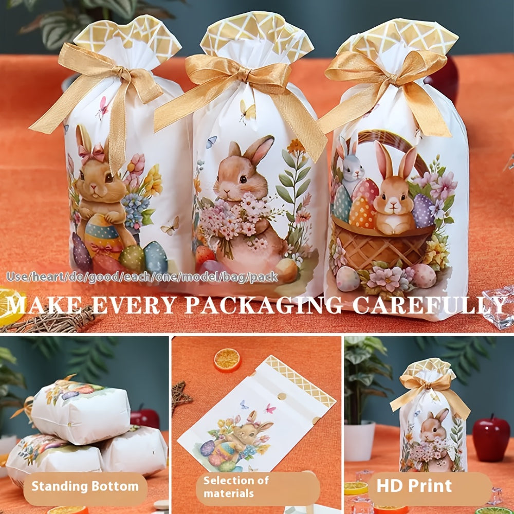 10pcs New Easter Series Drawstring Gift Bags with Cartoon Bunny and Easter Egg Prints