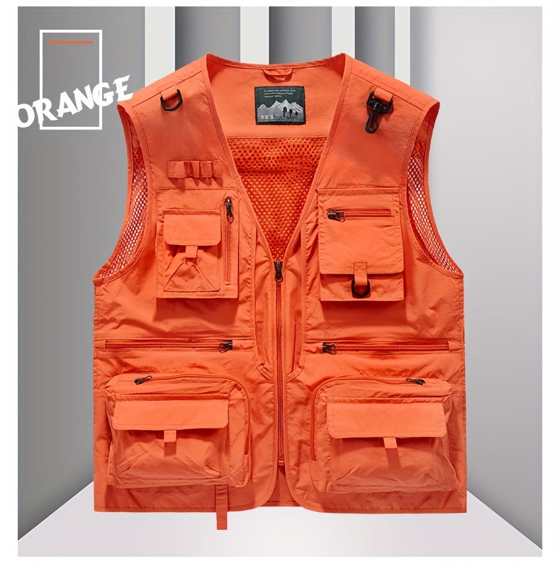 Men's Trendy Zip Up V Neck Vest With Zipper Multi-Pocket