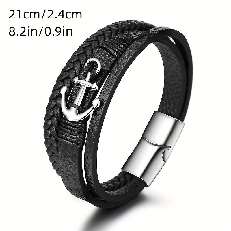 Men'S Bracelet, Classic Anchor Charm Woven Faux Leather Band