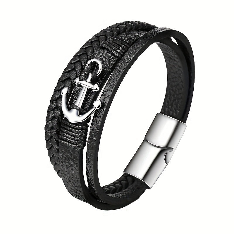 Men'S Bracelet, Classic Anchor Charm Woven Faux Leather Band