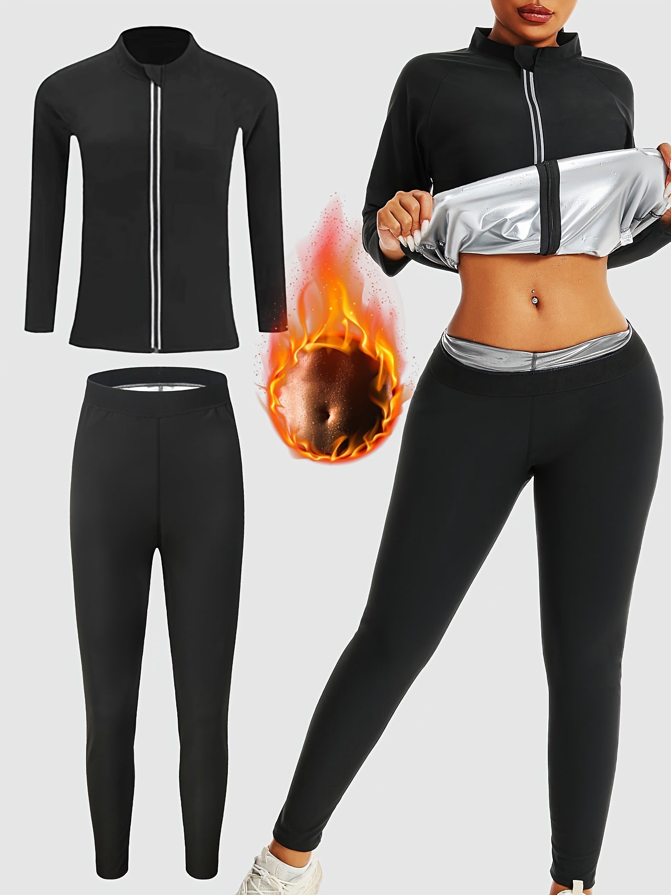 Women's Sauna Sweat Suit Set - Long Sleeve Zip-Up Jacket & Pants